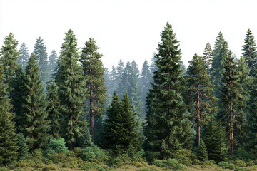 Dense coniferous forest with a variety of evergreen trees isolated on white background, natural woodland landscape