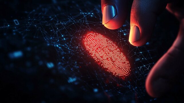Futuristic fingerprint scan interface with glowing lines, representing biometric ID verification, cybersecurity, and data protection on a digital background.

