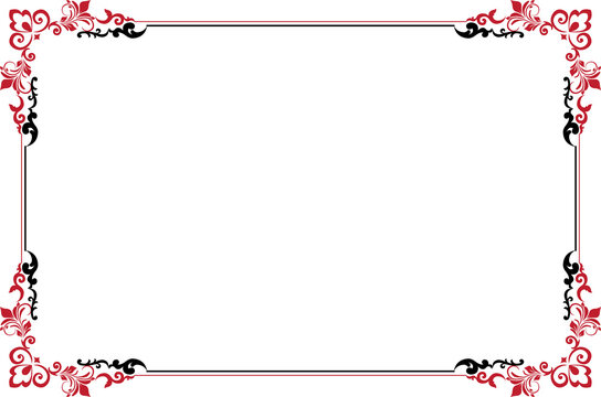 Elements of ornate vintage frames. Border black and red on white classic calligraphy swirls, floral motifs. Design print for greeting cards, invitations, restaurant menu, royal certificates. Set 422