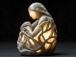 a white ceramic sculpture of a mother and child figure, with a warm, glowing light emanating from within