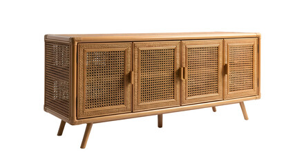 Wicker Cabinet Stands Elegantly with Four Doors on a Transparent Background, Furniture Design