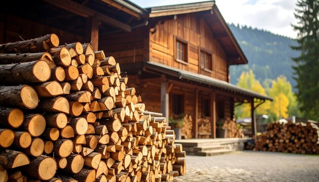 Cozy wooden cabin with stacked firewood with surrounded by mountain landscape.