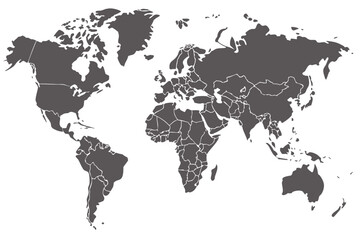 Vector  world map illustration showing continents and country borders in a simple gray and white design style