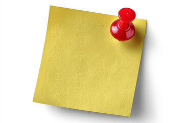 Yellow sticky note pinned with red push pin on white background, blank reminder or office message concept