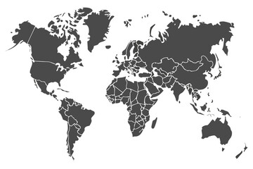 Vector  world map showing continents and country borders in dark gray on a white background visual representation