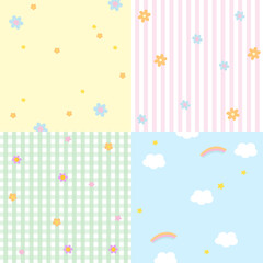 Four set of pastel background designs with flower, rainbow, cloud for wallpaper, backdrop, ad template, frame, paper design, social media, poster, sticky note, notepad, floral print