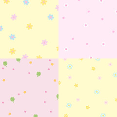 Four set of pastel background designs with flower, clover leaf for wallpaper, backdrop, ad template, frame, paper design, social media post, poster, sticky note, notepad, floral print