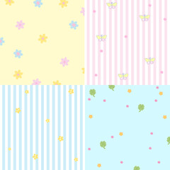 Four set of pastel background designs with butterfly, flower, clover leaf, star for wallpaper, backdrop, ad template, frame, paper design, social media, poster, sticky note, notepad, floral print