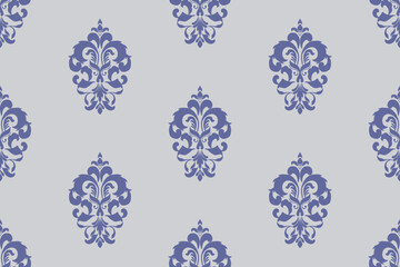 Blue Damask Seamless Pattern on Light Grey Background 