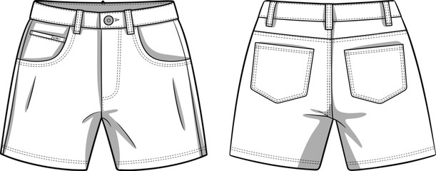 CAD drawing flat vector illustration of denim shorts, front and back technical sketch, fashion design template, garment blueprint, apparel mockup