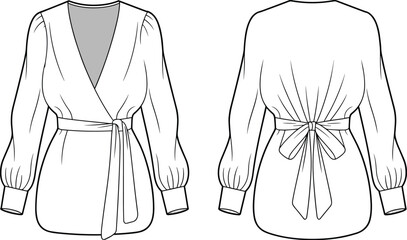 CAD drawing flat vector illustration of long sleeve wrap blouse with waist tie, back bow, and cuffed sleeves for fashion design