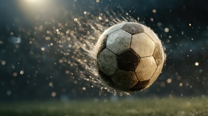 Fototapeta premium Generative AI close-up of a soccer ball in mid-air after a powerful foot strike, captured in 8K UHD clarity and dynamic energy