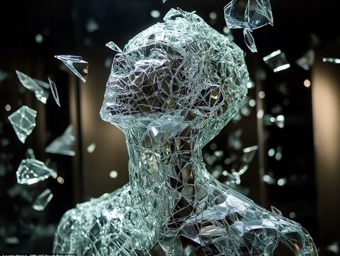 a portrait bust of a human figure made of shattered mirror pieces, looking upward against a dark backdrop