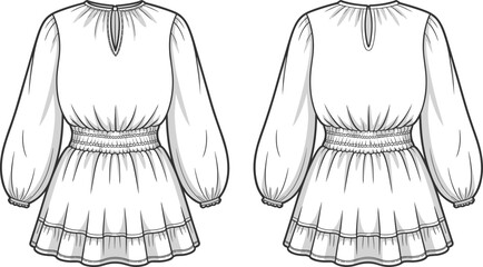 CAD drawing flat vector illustration of women’s smocked waist ruffle hem blouse with puff sleeves, back view, technical sketch