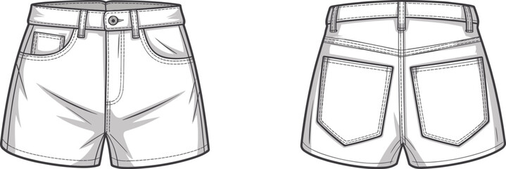 CAD drawing flat vector illustration of high waist denim shorts, front and back technical sketch, fashion design, detailed apparel blueprint