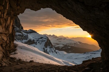 Fototapeta premium Sunset Through a Mountain Arch: Snow-Capped Peaks Bathed in Golden Light stock photo