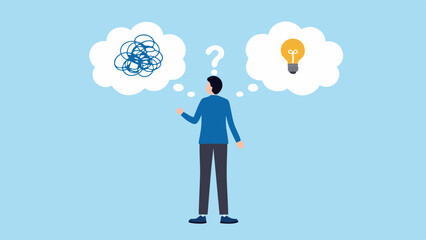 Man contemplating a complex problem and a bright idea symbolized by a lightbulb