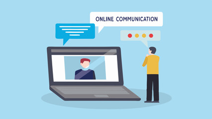 Man engages in online communication with another person via video call and chat bubbles