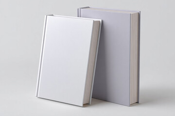 Two blank hardcover books standing side by side with white and gray covers on neutral background