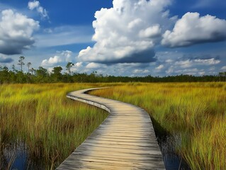 Obraz premium sunny grassy marsh boardwalk, bright sky, water reflection