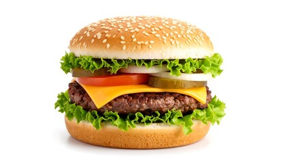 Delicious Gourmet Burger on White Sesame Seed Bun with Fresh Veggies, and and Cheese.