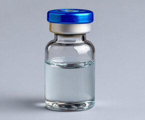 Clear glass medical vial with transparent liquid and blue cap isolated on light gray background