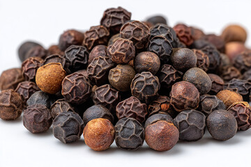 Obraz premium Close-up of a heap of dried black peppercorns isolated on white background