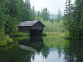 Obraz premium rustic lakeside boathouse, calm water, green trees, tranquil scene
