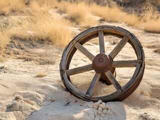 an old, weathered wooden wagon wheel with a rusty hub, half-buried in dry, sandy soil in a desert setting
