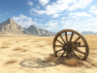 Fototapeta premium desert landscape with wagon wheel, blue sky, mountains in background