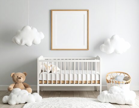 Interior of nursery room with empty frame and crib