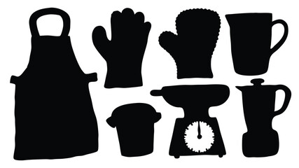 Black and white silhouettes of essential baking tools and kitchenware arranged on a white background.