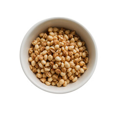 A white bowl brimming with crunchy coated chickpeas, perfect for showcasing healthy snacks and culinary delights on a dark backdrop, transparent background
