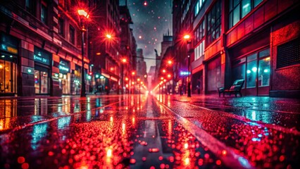 Obraz premium Wet City Street at Night with Red Lights