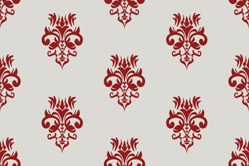 Red Damask Seamless Pattern on Light Grey Background

