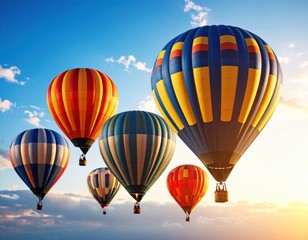 Fototapeta premium Hot air balloon soaring over a clear blue sky with fluffy clouds