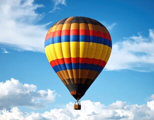 Naklejka premium Hot air balloon soaring over a clear blue sky with fluffy clouds