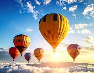 Obraz premium Hot air balloon soaring over a clear blue sky with fluffy clouds