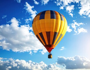 Fototapeta premium Hot air balloon soaring over a clear blue sky with fluffy clouds