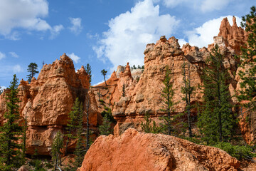 Looking up from base of the amphitheater on queens trail at dramatic orange rock hoodoos, summer vacation exploring in Bryce Canyon National Park, Utah
