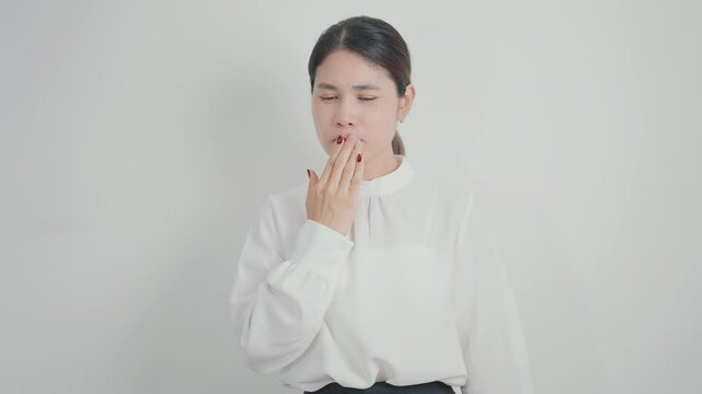 Business woman having Mouth ache for concepts of Mouth Ulcer Sore, Aphthous Stomatitis, Oral Lesions, Halitosis, Oral Health Care, Toothache and Gum Disease, Dental Caries, Gingivitis and  Periodontal