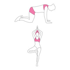 Set of the yoga poses line art vector illustration on the white background.  Minimalist Line Art Yoga Poses in Pink and White Palette
