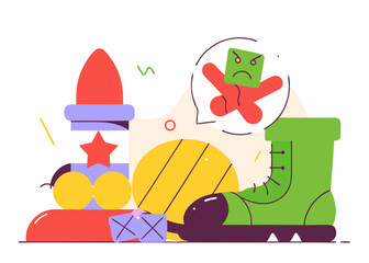 Broken child toy surrounded by dust with shadow of military boot nearby, conveying emotional anti-war message about the impact of conflict on innocence and childhood