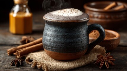 Steaming Spiced Latte in Rustic Mug