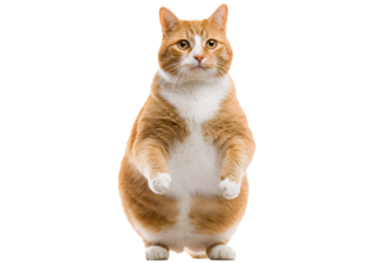 Chubby standing red ginger fat cat with big green eyes showcasing its personality on a transparent background in PNG format.