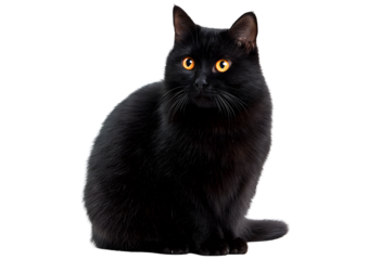 Adorable standing fat black cat with a plump body and bright eyes displayed on a transparent background in PNG format.