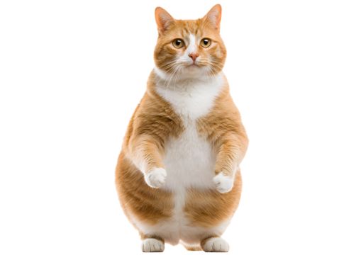 Chubby standing red ginger fat cat with big green eyes showcasing its personality on a transparent background in PNG format.