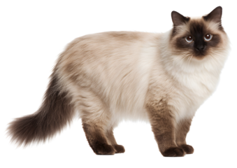 Elegant standing Colorpoint cat showcasing its distinctive markings and striking blue eyes on a transparent background in high-quality PNG format.