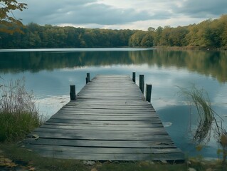wooden pier on a lake, calm water, reflections, trees, autumn colors