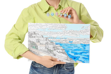Young woman with painting by numbers on white background, closeup